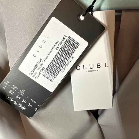 Club L London Gray Wrap Tie Detail Relaxed Blazer Gray Size 2 Celeb Style - Picture 8 of 16